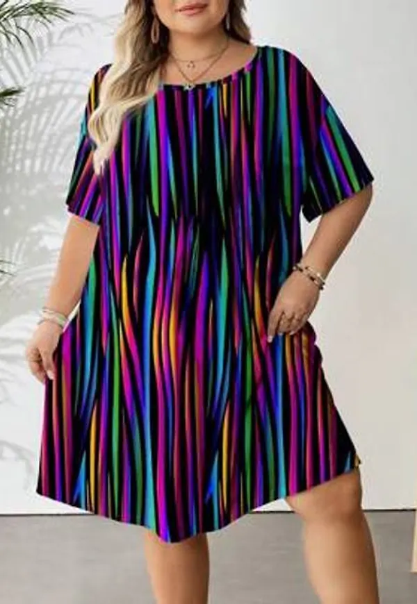 Shein Plus Size Casual Minimalistisk Färgglad Randig Mönsterklänning - Svart
