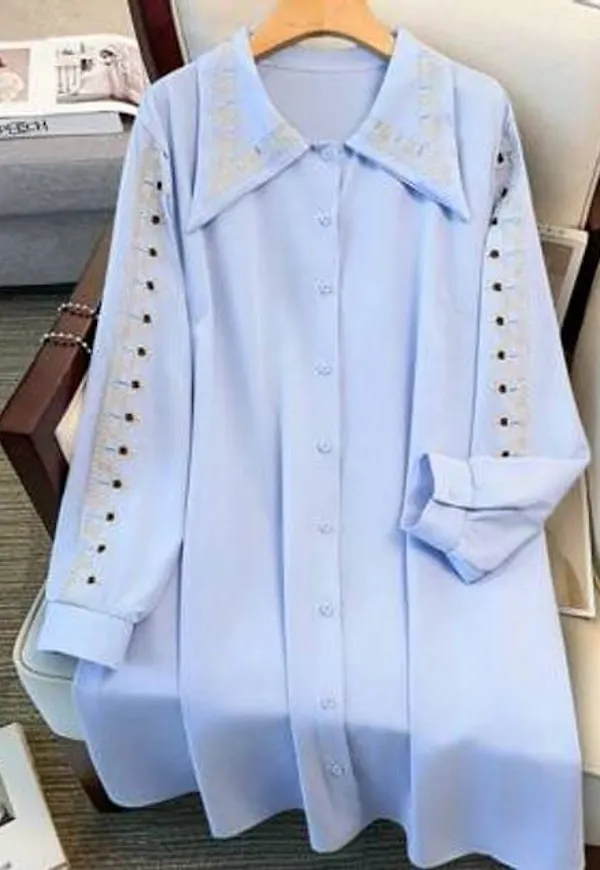 Shein Plus Size Dam Elegant Broderad Skjorta Klänning - Babyblå
