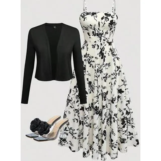 Shein Plus Size Dam Elegant Jacka & Blommigt Tryck Camisole Klänning - Svart/Vitt