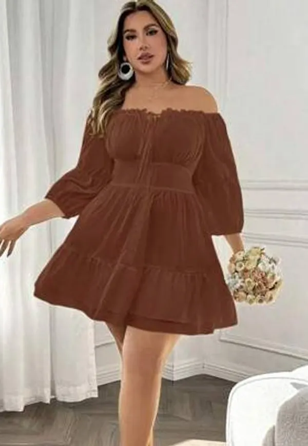 Shein Plus Size Dam Elegant Off Shoulder Tie Volang Fåll High-End New Design Klänning - Kaffebrun