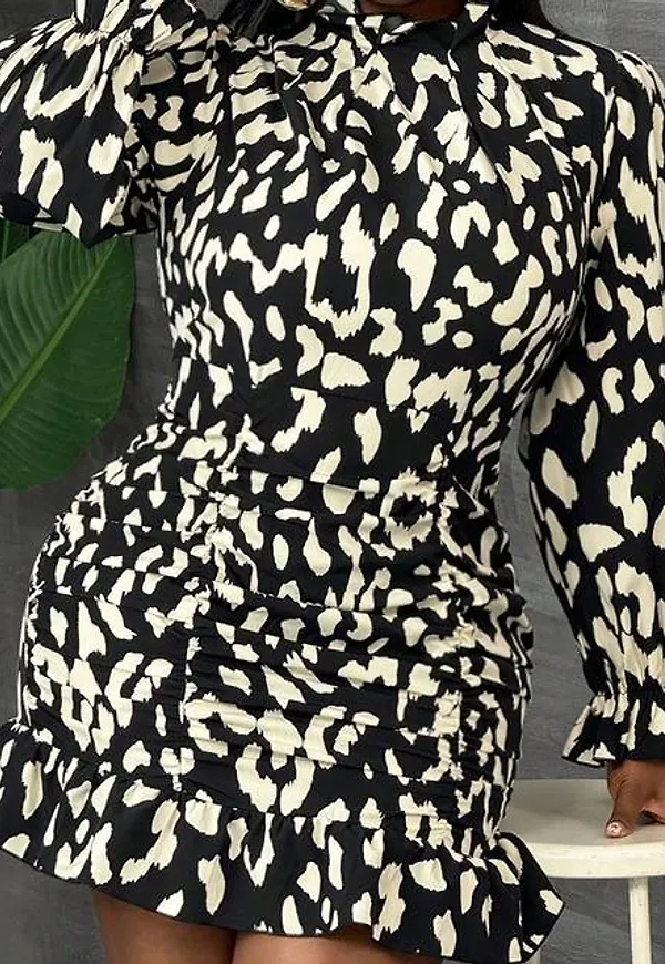 Shein Plus Size Dam Leopard Print Volang Krage Flare Sleeve Elegant Klänning - Multifärgad