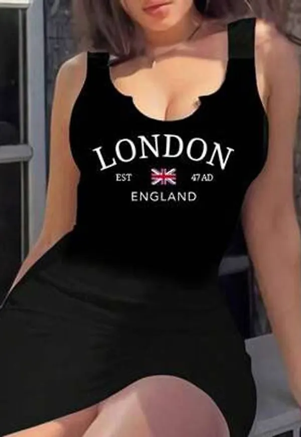 Shein Plus Size Dam London Letter Print Casual Minimalistisk Ärmlös Bodycon Klänning - Svart