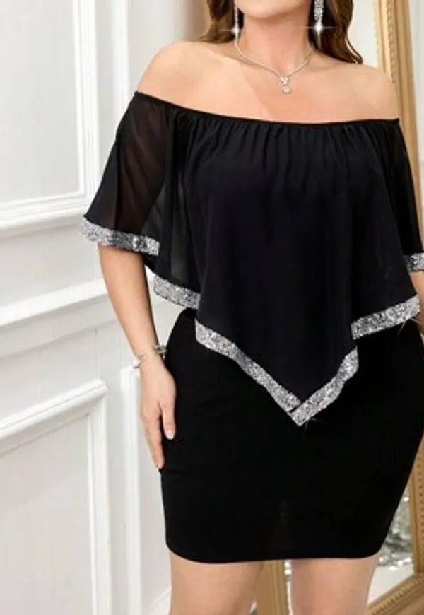 Shein Plus Size Dam Off Shoulder Paljett Patchwork Ruffle Hem Klänning - Svart