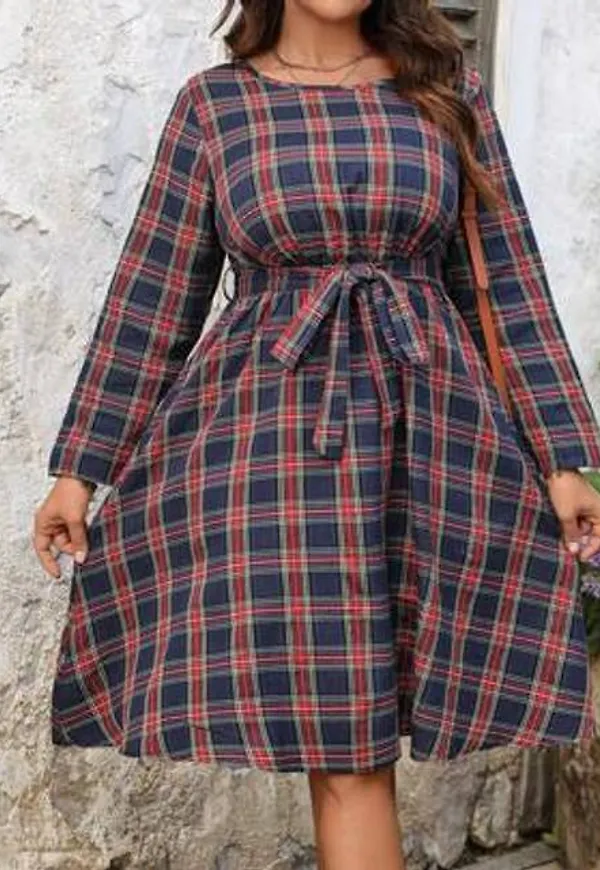 Shein Plus Size Dam Rutigt Bälte Rund Hals Långärmad Casual Klänning - Blå