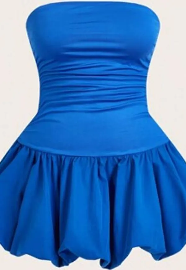 Shein Plus Size Dam Sommar Enfärgad Volangfåll Trendig Kort Bandeauklänning - Kungsblått