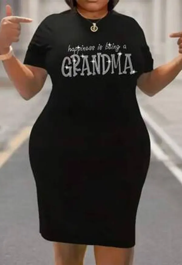 Shein Plus Size Dam Strass Slogan Grafisk Kortärmad Klänning - Svart