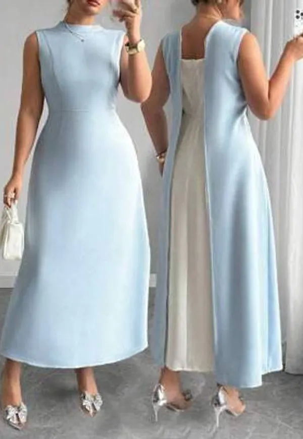 Shein Plus Size Dam Ståkrage Ärmlös Solid Elegant Klänning - Blå