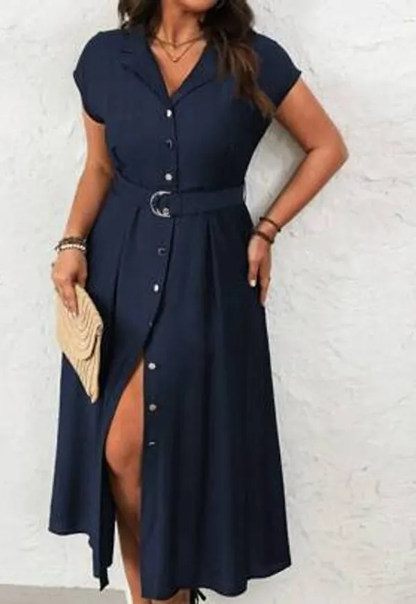 Shein Plus Size Dam V-Ringad Lång Klänning Med Bälte - Marinblå