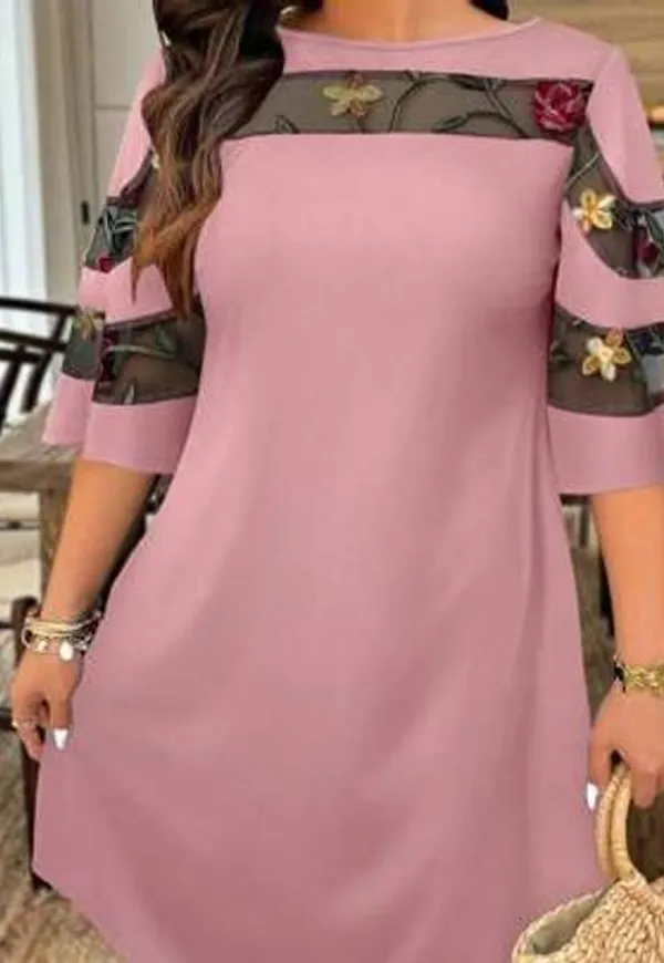 Shein Plus Size Damer Asymmetrisk Mesh Patchwork Mjuk Stickad Rundhals Kort Ärm Fritidsresor Pendla A-Line Klänning - Dammrosa
