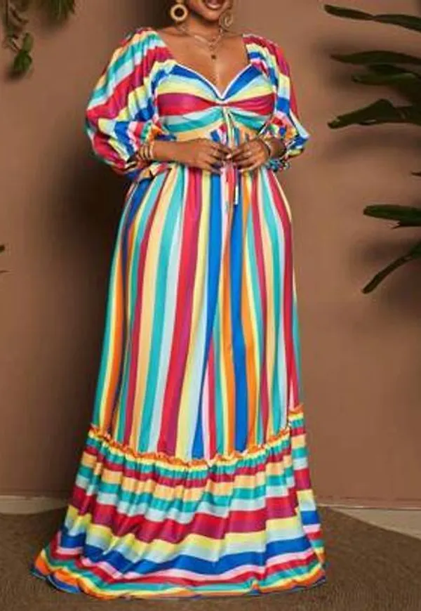 Shein Plus Size Damer Färgglad Randig Lång Utsvängd Klänning - Multifärgad