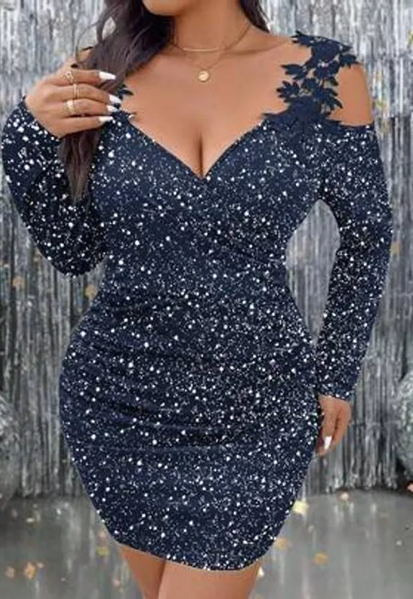 Shein Plus Size Damer Sexig Slim Silver Folie Off Shoulder Volangrem A-Line Klänning - Marinblå