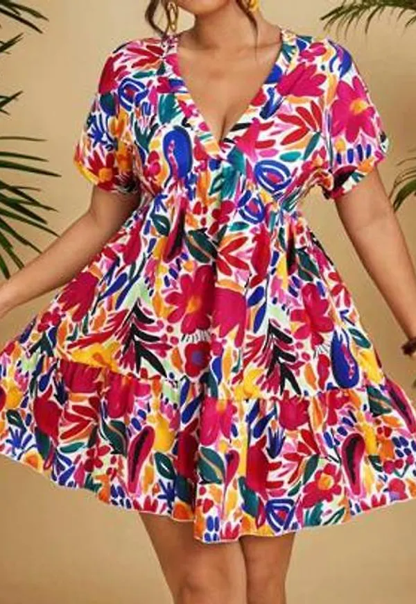 Shein Plus Size Djup V-ringad Kortärmad Abstrakt Oljemålning Klänning - Multifärgad