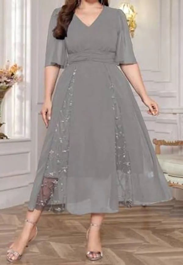 Shein Plus Size Elegant Blommor Broderi Mesh Patchwork Klänning - Grå