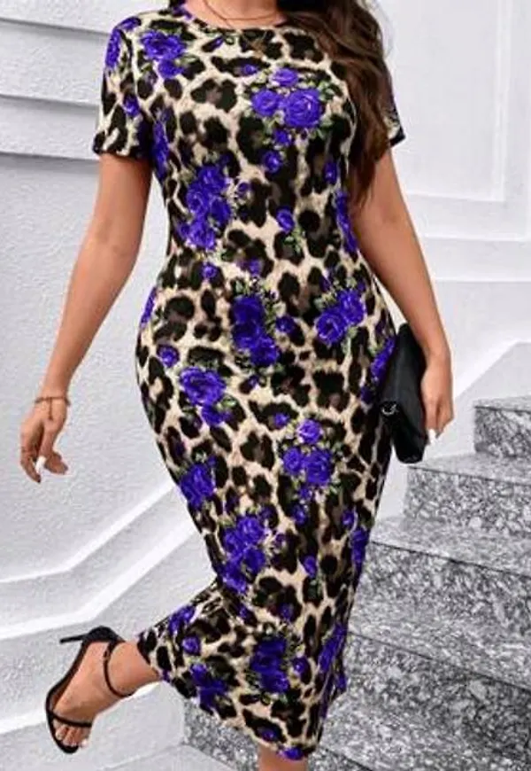 Shein Plus Size Elegant Leopard Rose Print Alla Hjärtans Dag Klänning - Kungsblått