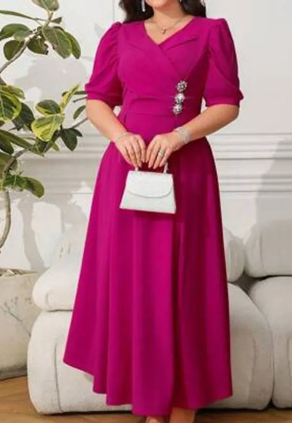 Shein Plus Size Enfärgad Korsomlott Elegant Kortärmad Klänning - Skrikrosa