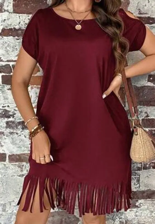 Shein Plus Size Enfärgad Kortärmad Klänning - Bourgogne