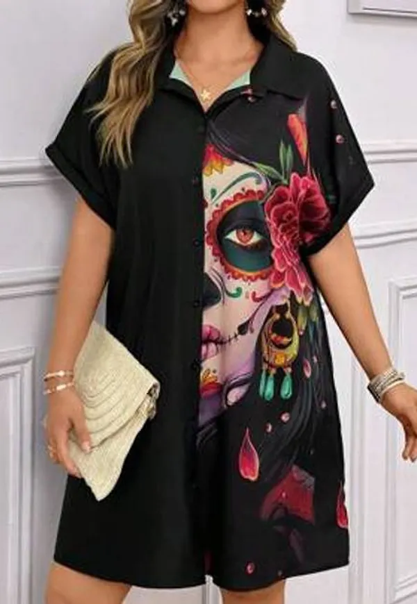 Shein Plus Size Kortärmad Ansikte Porträttskjorta Klänning Old Money Style - Svart