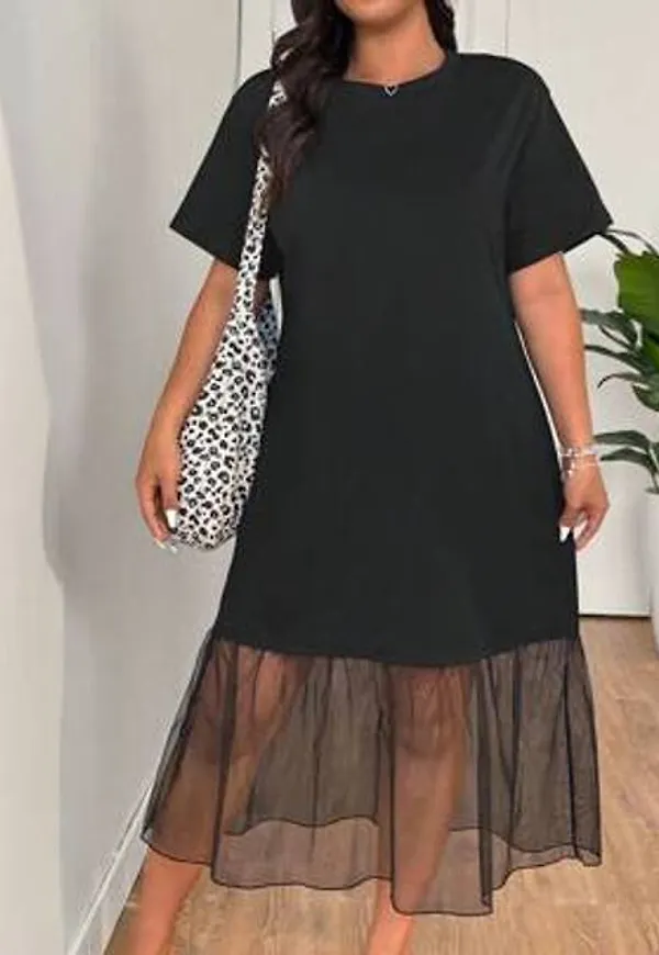 Shein Plus Size Kvinnors Enfärgad Rund Halsad Kortärmad Meshklänning - Svart
