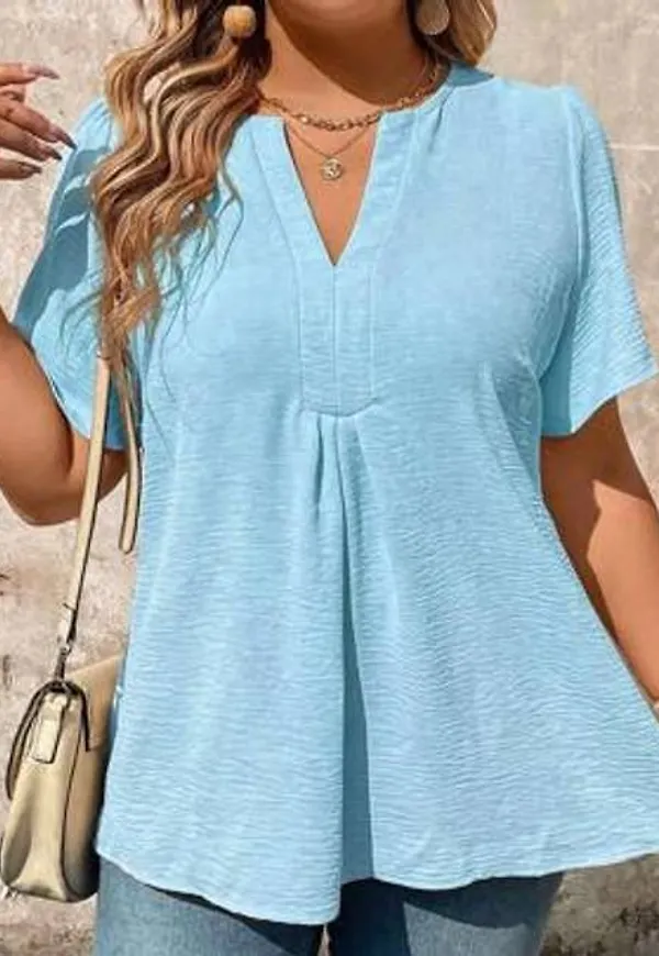 Shein Plus Size Kvinnors Enfärgad V-Ringad Rynkad Kortärmad Blus - Blå