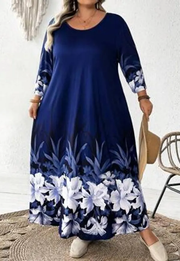Shein Plus Size Retro Elegant Mångsidig Långärmad Klänning - Marinblå/Vit