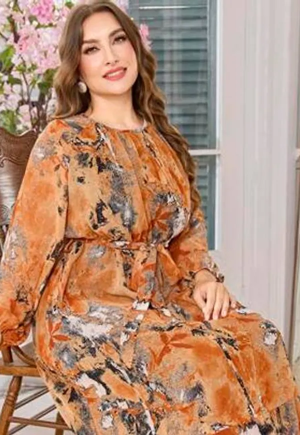Shein Plus Size Rund Hals Långärmad Allover Print Midje Tie Elegant Klänning - Multifärgad