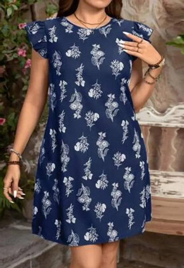 Shein Plus Size Rund Neck All Over Print Casual Mini Klänning - Marinblå