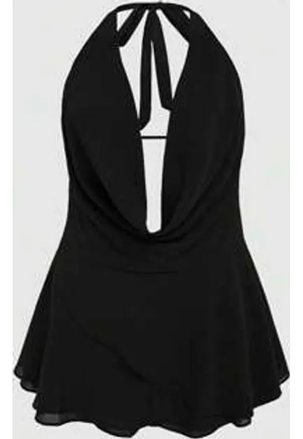 Shein Plus Size Sexig Solid Plunging Neck Klänning med Öppen Rygg - Svart