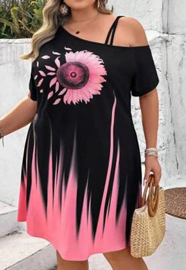 Shein Plus Size Solros Print Ombre Asymmetrisk Krage Klänning Boho Vacation - Svart