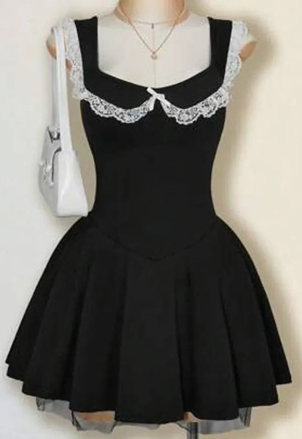 Shein Plus Size Square Neck Spets Trim Cap Ärm A-Line Princess Dress - Svart/Vitt