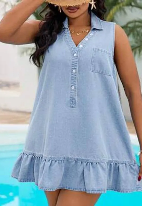 Shein Plus Size V-ringad Mini Denim Klänning - Blå