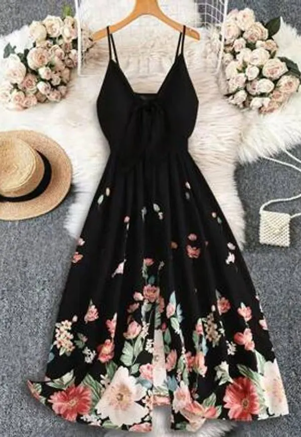Shein Plus Size Ärmlös Enkel Casual Flower Print Klänning - Svart