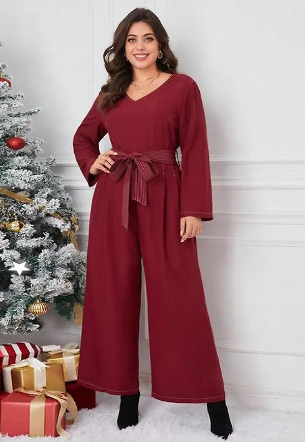 Shein Plus Solid Belted Wide Leg Jumpsuit