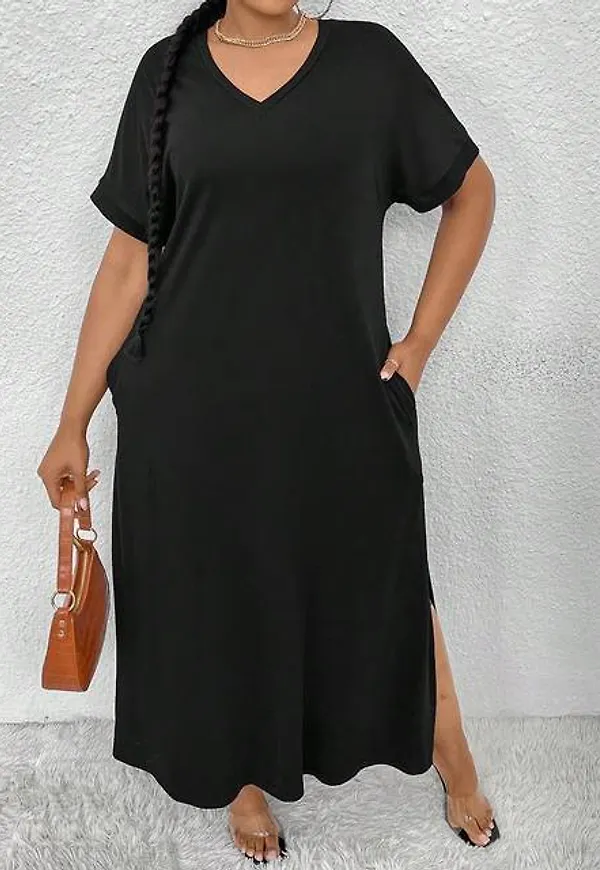 Shein Plus Solid Color Dress With Diagonal Pockets And Side Slit