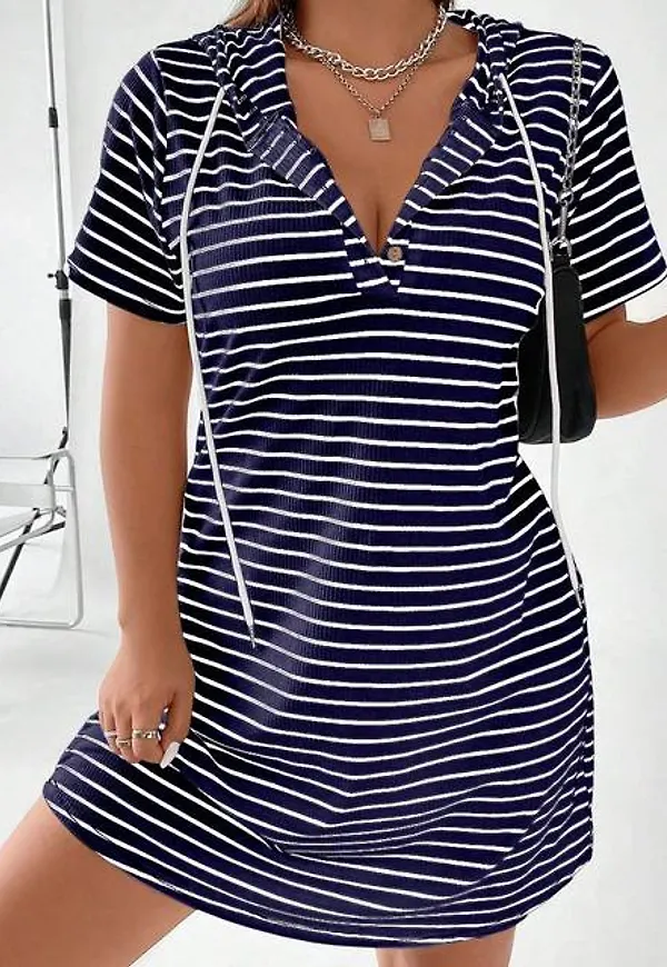 Shein Plus Striped Drawstring Hooded Tee Dress