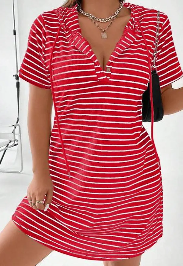 Shein Plus Striped Drawstring Hooded Tee Dress
