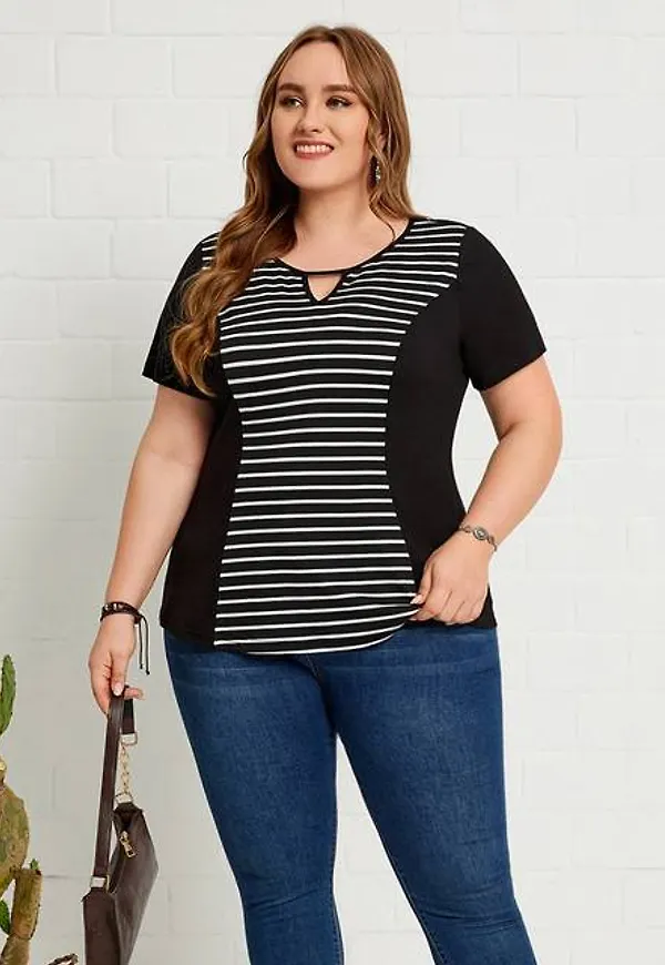 Shein Plus Striped Keyhole Neck Tee