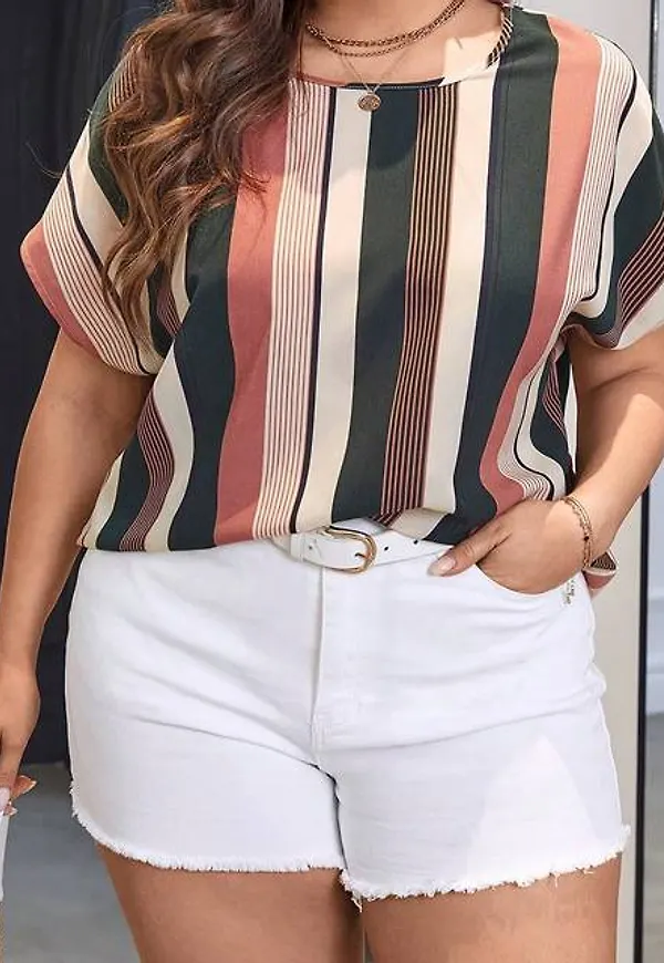 Shein Plus Striped Print Batwing Sleeve Blouse
