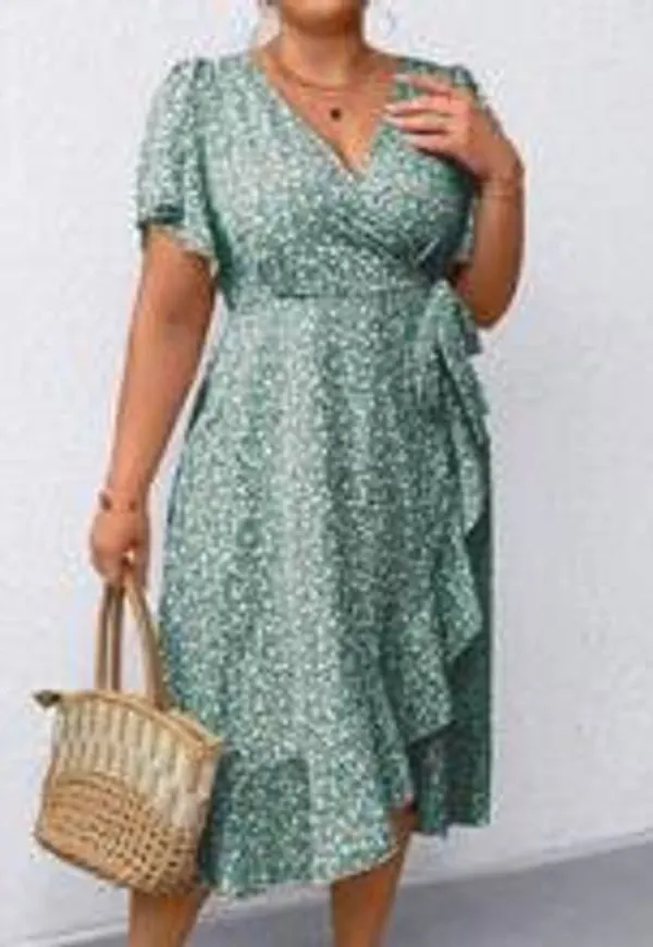 Shein Plus Summer Holiday Mini Ditsy Floral Layered Ruffle Wrap Dress With Tie Straps