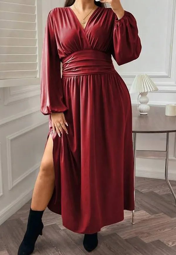 Shein Plus Women's Pleated Waist & High Side Slit Maxi Dress