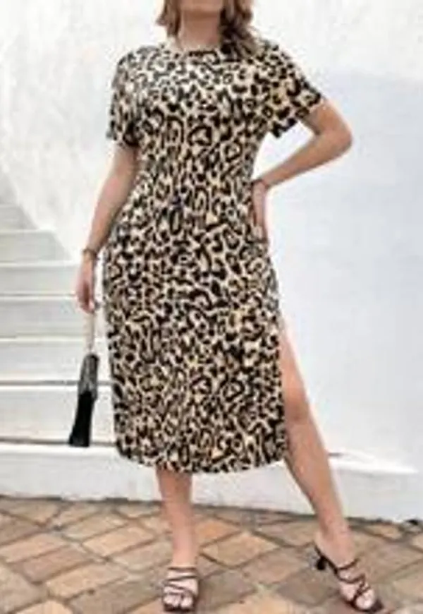 Shein Plus Women's Summer Leopard Print Short Sleeve Round Neck Side Slit Maxi Dress
