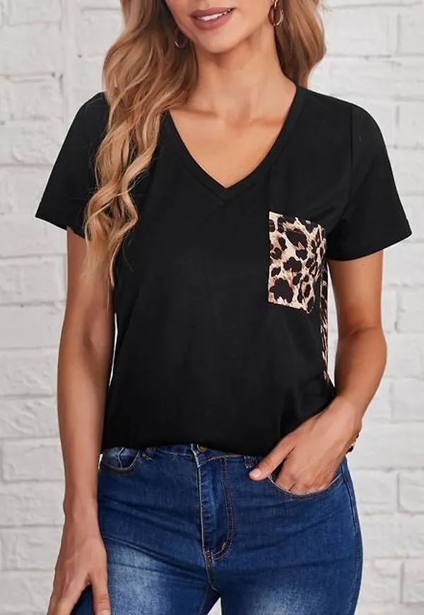 Shein Pocket Patched Leopard Panel Tee
