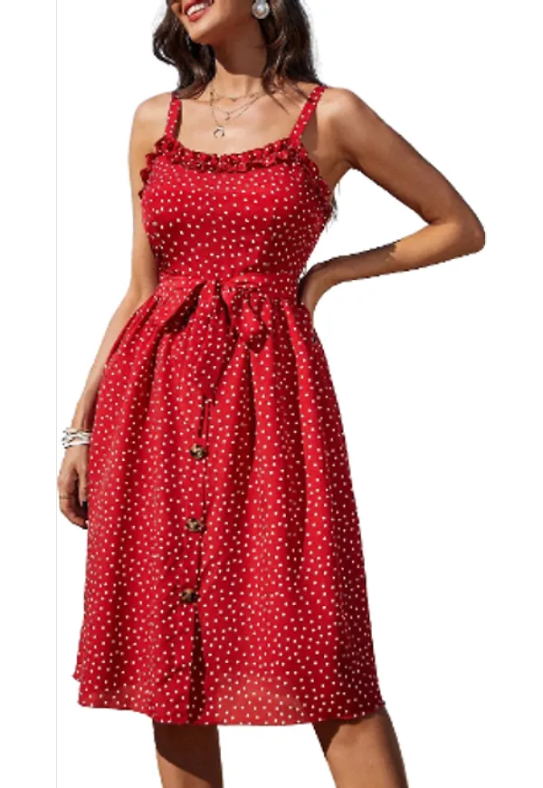 Shein Polka Dot Frill Trim Belted Dress