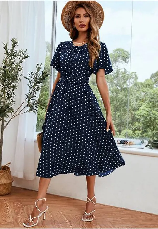 Shein Polka Dot Print Butterfly Sleeve Shirred Dress
