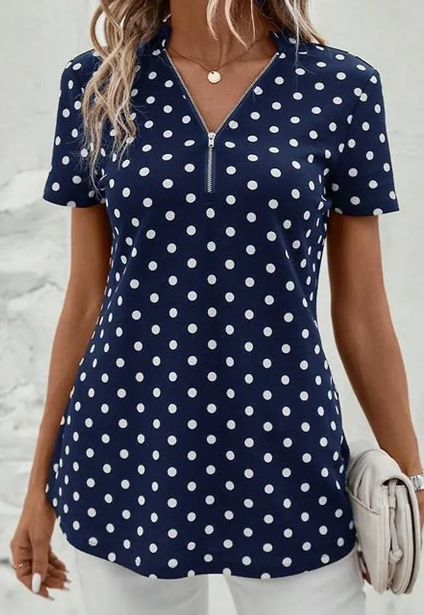 Shein Polka Dot Print Half Zip Blouse