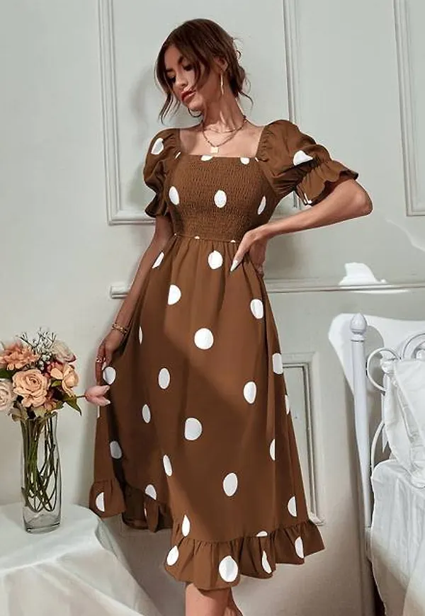Shein Polka Dot Print Puff Sleeve Shirred Ruffle Hem Dress
