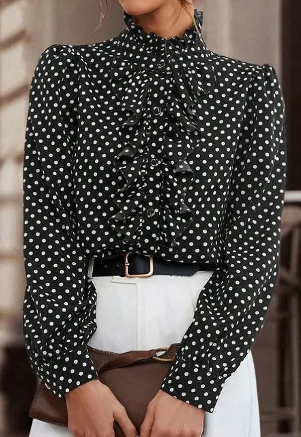 Shein Polka Dot Print Ruffle Trim Blouse