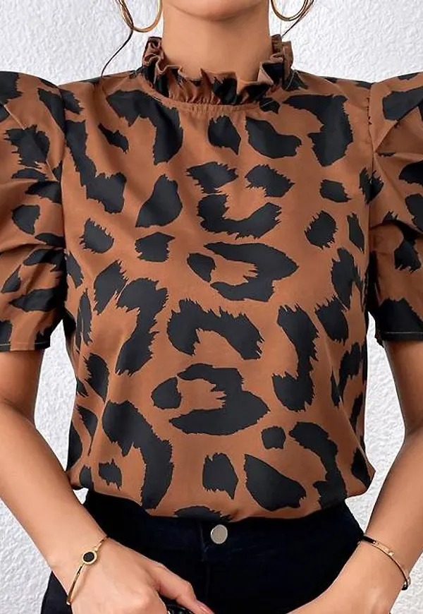 Shein Puff Sleeve Frilled Neck Leopard Blouse