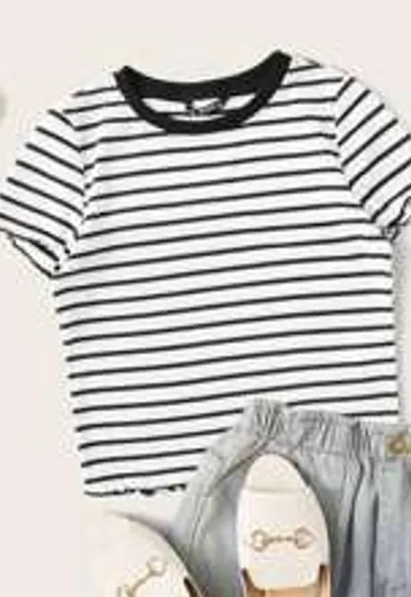 Shein Ribbed Striped Lettuce-Edge Cropped Tee