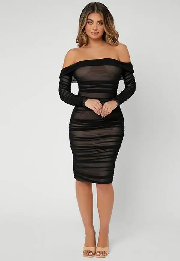 Shein Ruched Off Shoulder Mesh Bodycon Dress