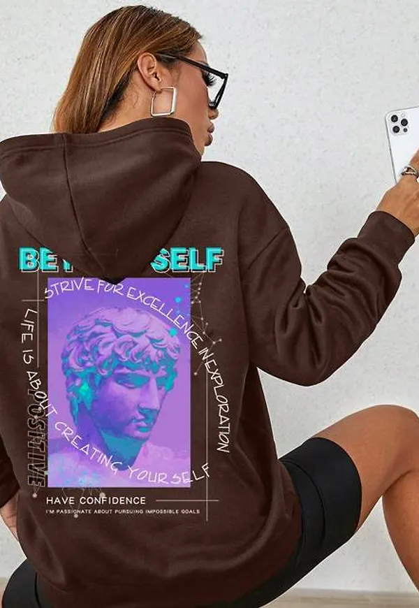 Shein Sculpture & Slogan Graphic Drop Shoulder Hoodie
